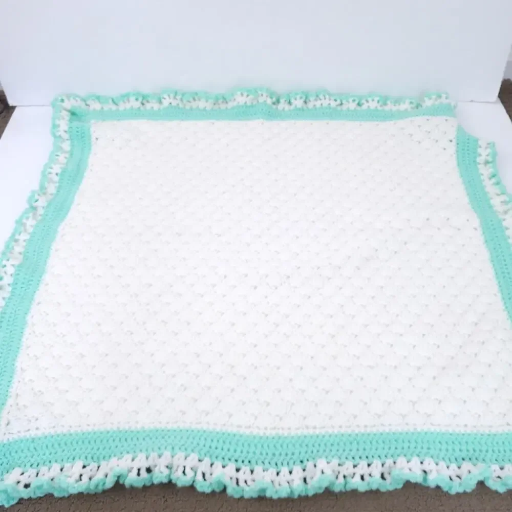 Handmade Crochet Baby Blanket Unisex Girl Boy Cream, Green 34x34, Gender Neutral